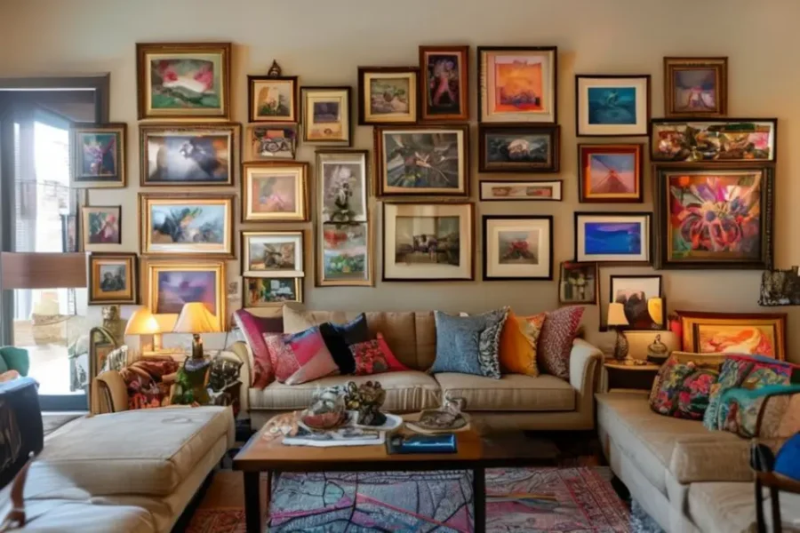 Espaço habitacional elegante com exibição de quadros.