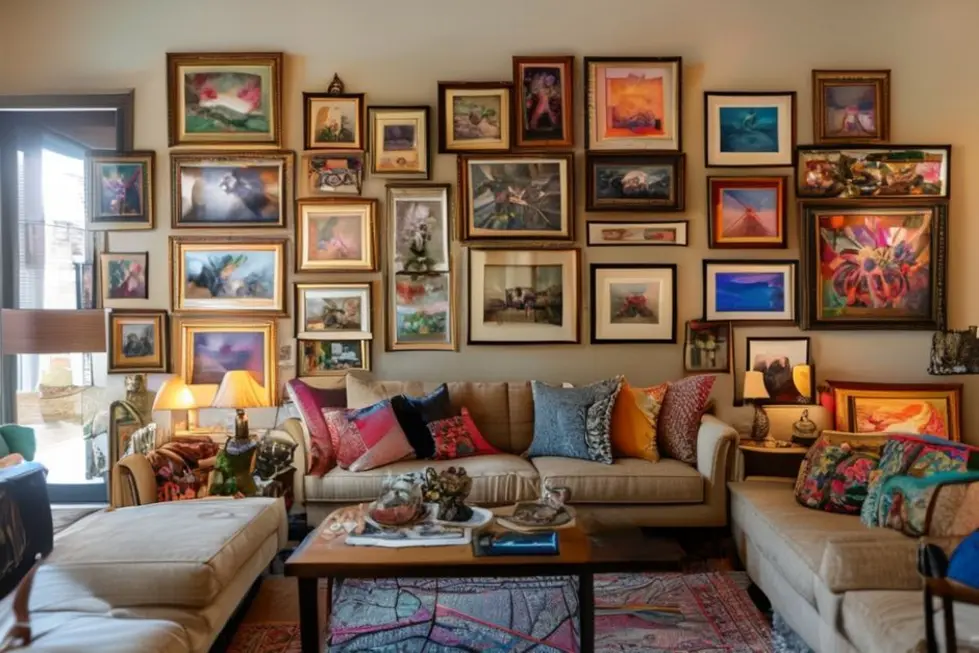 Espaço habitacional elegante com exibição de quadros.