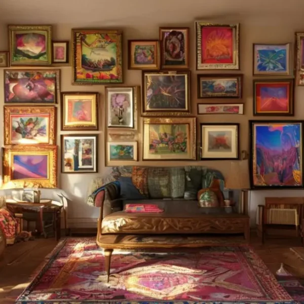 Quarto organizado com uma diversidade de quadros e posters nas paredes.