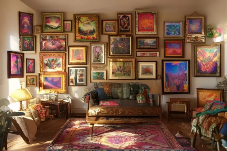 Quarto organizado com uma diversidade de quadros e posters nas paredes.