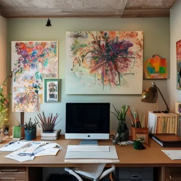 Um espaço de trabalho bonito com arte nas paredes, criando uma atmosfera criativa.