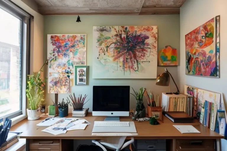Um espaço de trabalho bonito com arte nas paredes, criando uma atmosfera criativa.