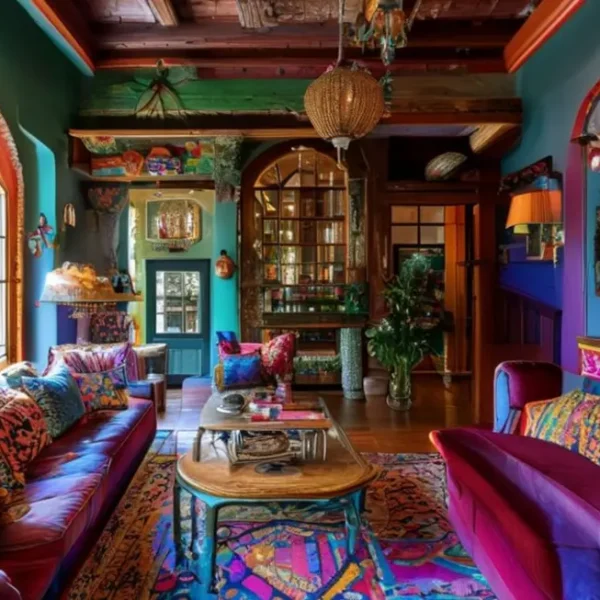 Casa bem decorada, refletindo diferentes estilos e cores.