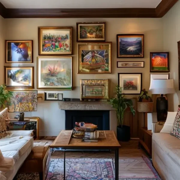 Interior de casa bonito com quadros, refletindo estilo pessoal.