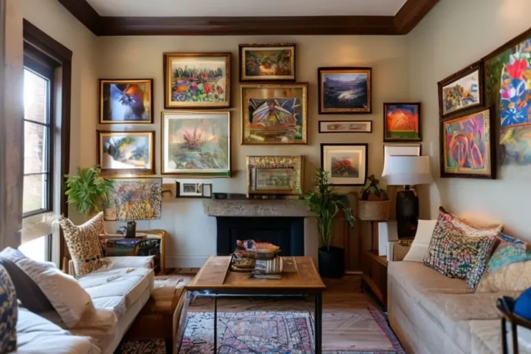 Interior de casa bonito com quadros, refletindo estilo pessoal.