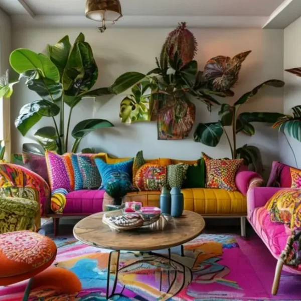 Um espaço de vida decorado com elementos únicos e vibrantes para um lar acolhedor.