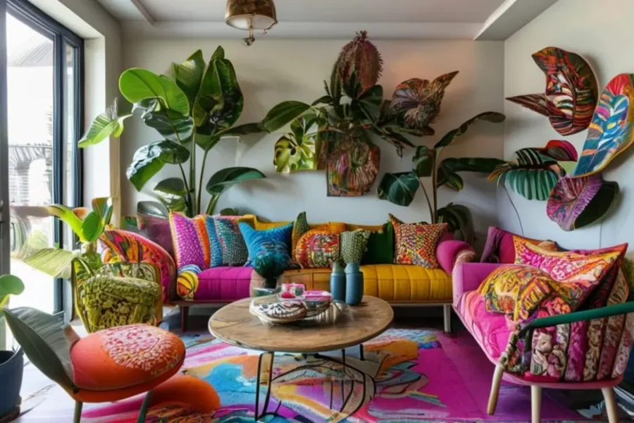 Um espaço de vida decorado com elementos únicos e vibrantes para um lar acolhedor.
