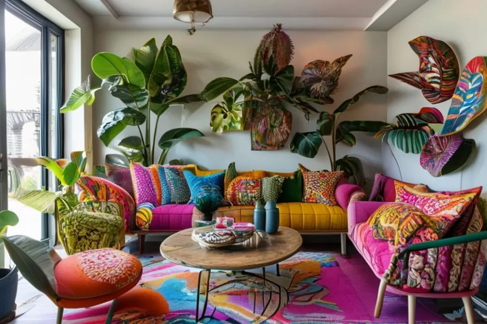 Um espaço de vida decorado com elementos únicos e vibrantes para um lar acolhedor.