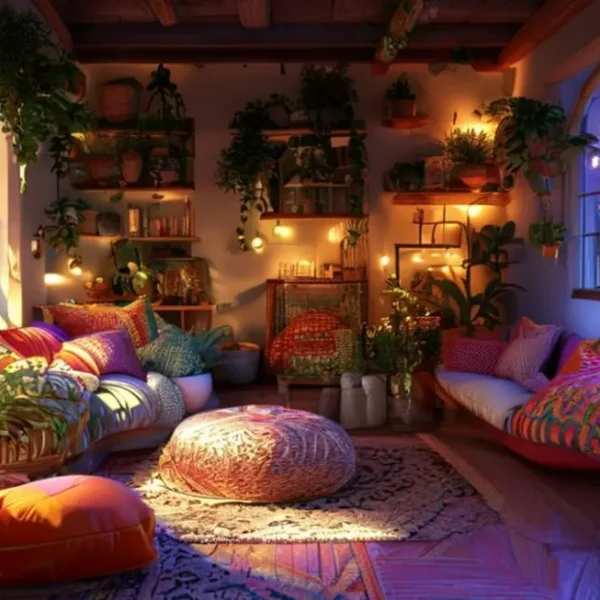 Casa decorada com plantas e almofadas vibrantes, criando um ambiente acolhedor.
