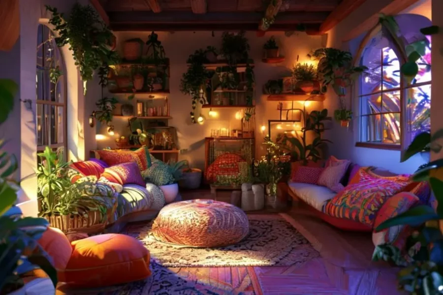 Casa decorada com plantas e almofadas vibrantes, criando um ambiente acolhedor.