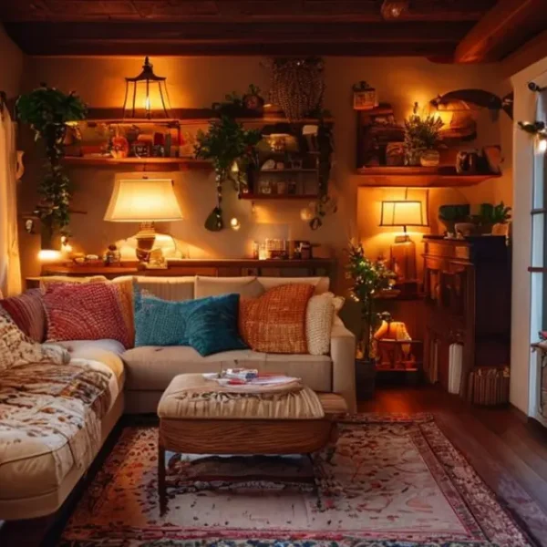 Um interior de casa decorado de forma bonita e acolhedora.