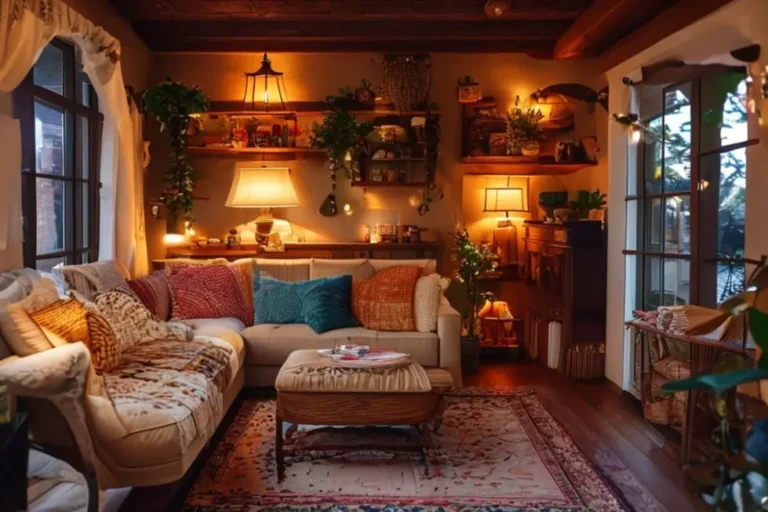 Um interior de casa decorado de forma bonita e acolhedora.