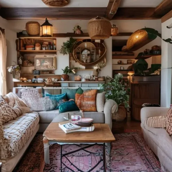 Interior de casa com decoração estilosa e acolhedora.