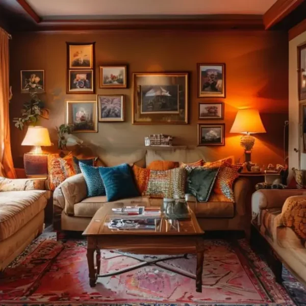 Sala de estar decorada de forma aconchegante.