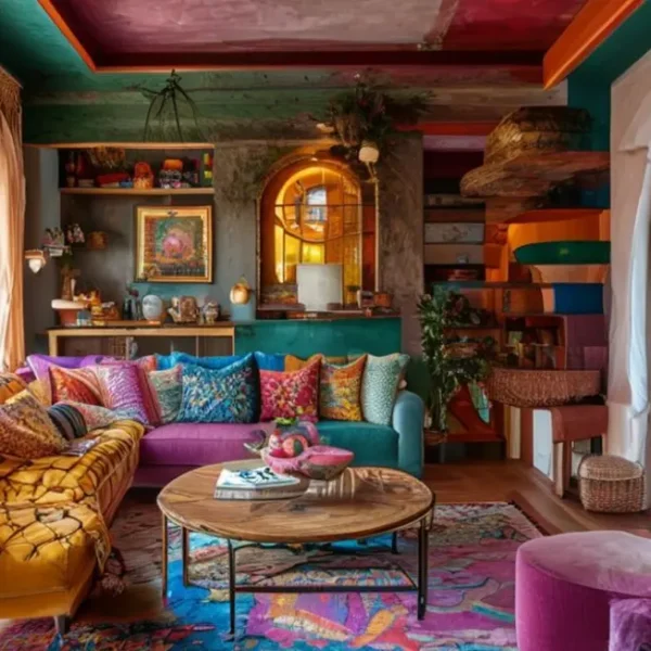 Um espaço de vida acolhedor e decorado com estilo acessível e cores harmoniosas.