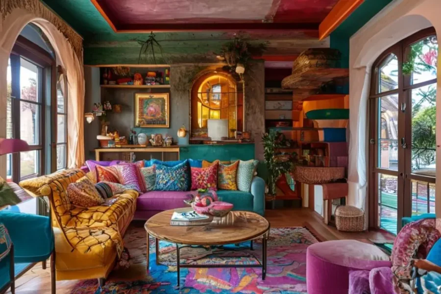 Um espaço de vida acolhedor e decorado com estilo acessível e cores harmoniosas.