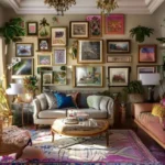 Uma sala decorada com quadros e elementos criativos no design de interiores.