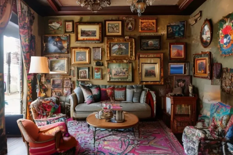 Uma sala decorada de forma bela e acolhedora com quadros nas paredes.