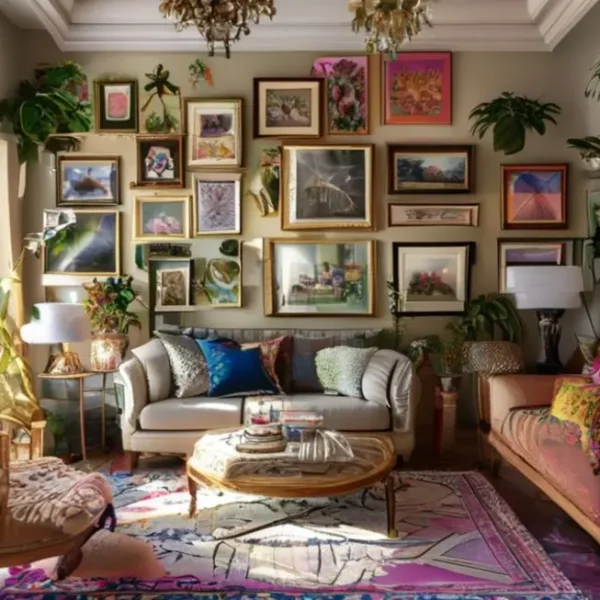 Uma sala decorada com quadros e elementos criativos no design de interiores.