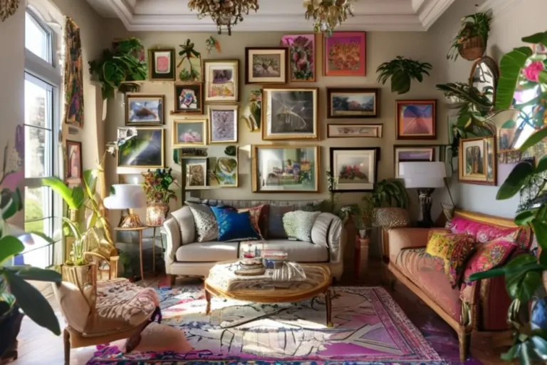 Uma sala decorada com quadros e elementos criativos no design de interiores.