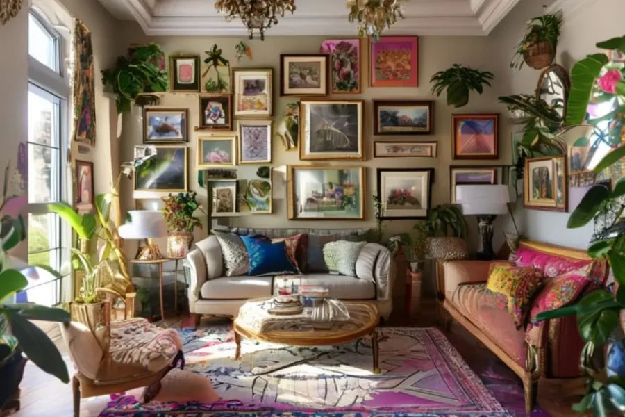 Uma sala decorada com quadros e elementos criativos no design de interiores.