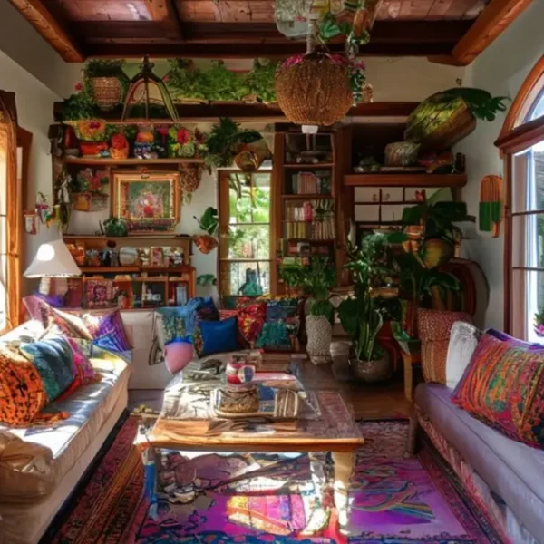 Casa decorada com estilo diversificado e iluminação natural acolhedora.