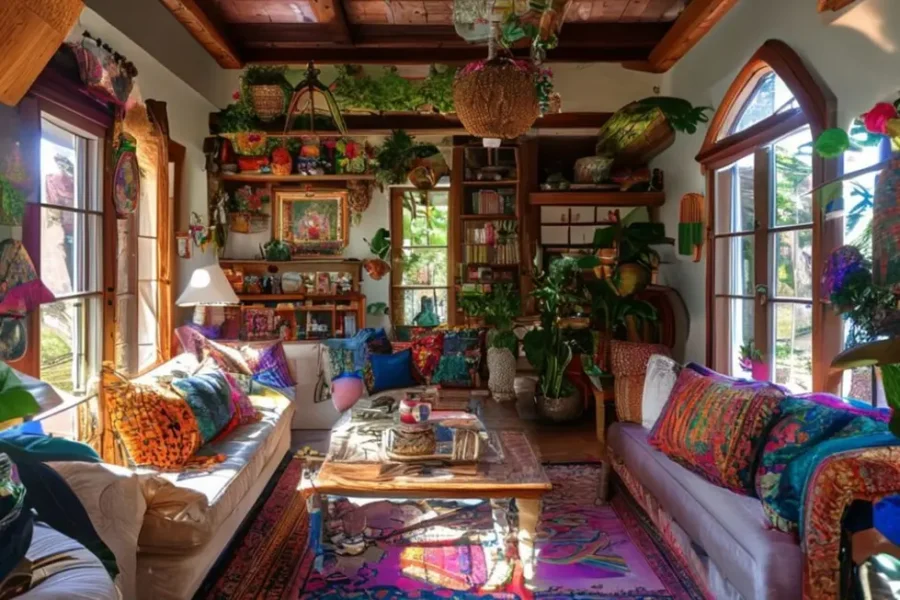 Casa decorada com estilo diversificado e iluminação natural acolhedora.