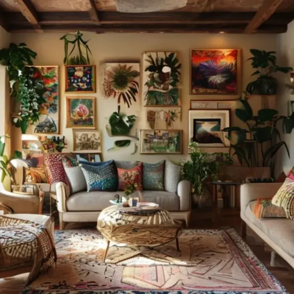 Interior de uma casa decorado de forma acolhedora com arte nas paredes.