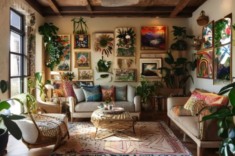 Interior de uma casa decorado de forma acolhedora com arte nas paredes.