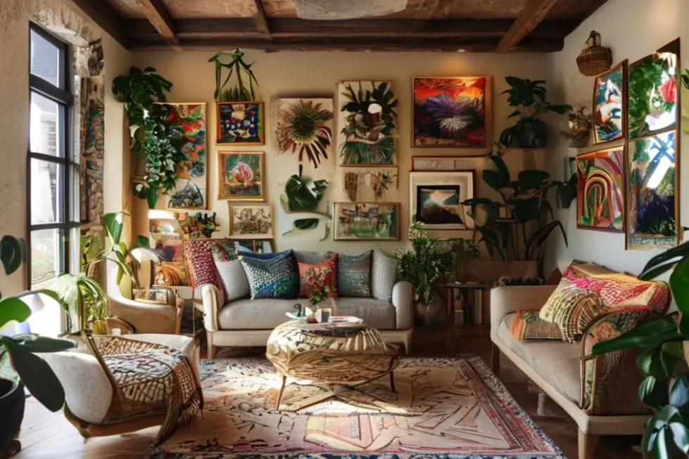 Interior de uma casa decorado de forma acolhedora com arte nas paredes.