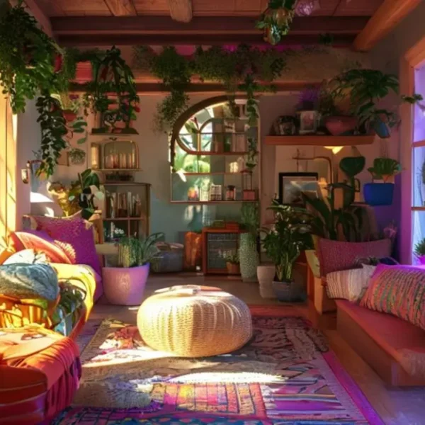 Um interior de casa decorado de forma acolhedora e estilosa, cheio de cor e detalhes pessoais.