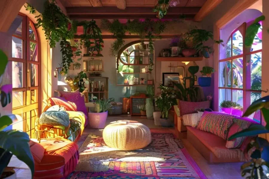 Um interior de casa decorado de forma acolhedora e estilosa, cheio de cor e detalhes pessoais.