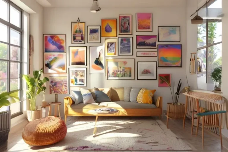 Espaço interior decorado com quadros e posters de forma criativa.