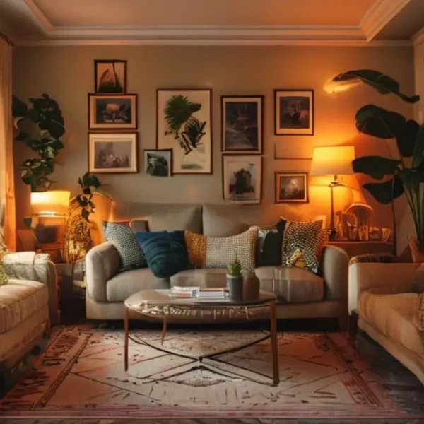 Sala de estar aconchegante com decoração moderna e elementos pessoais.