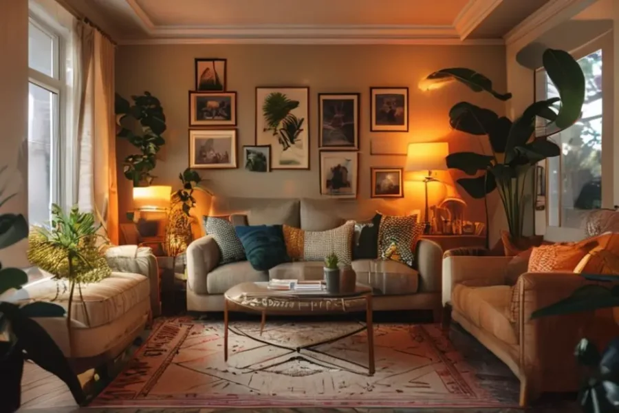 Sala de estar aconchegante com decoração moderna e elementos pessoais.