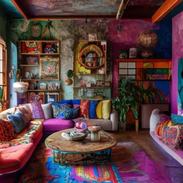 Interiores de casa inspiradores, com diversos estilos artísticos e detalhes pessoais.
