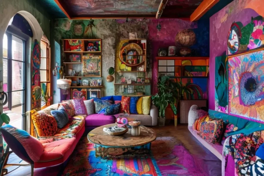 Interiores de casa inspiradores, com diversos estilos artísticos e detalhes pessoais.