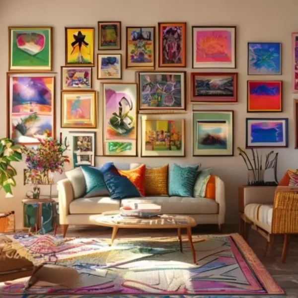 Imagem de um interior de casa decorado com quadros e posters variados, transmitindo calor e criatividade.