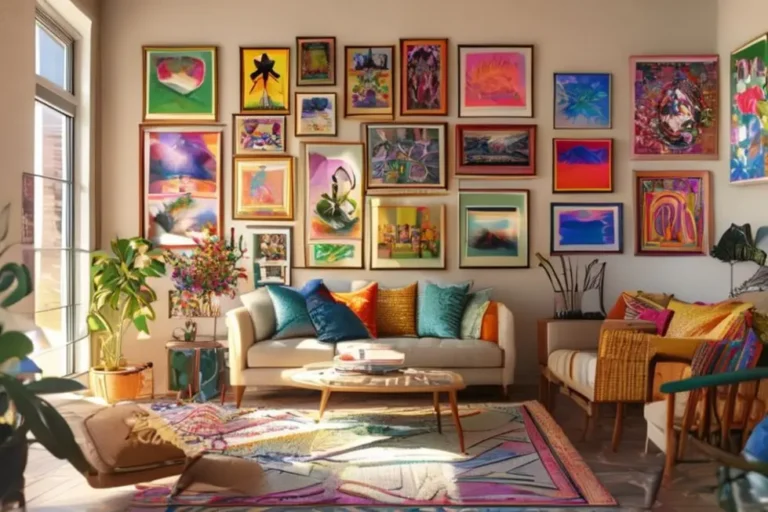 Imagem de um interior de casa decorado com quadros e posters variados, transmitindo calor e criatividade.