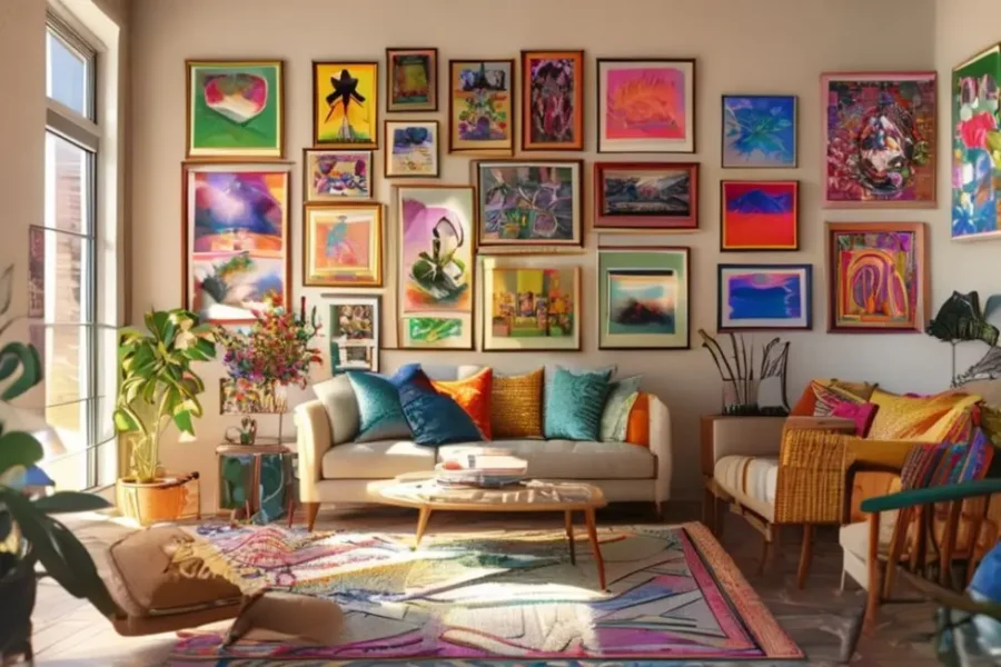 Imagem de um interior de casa decorado com quadros e posters variados, transmitindo calor e criatividade.