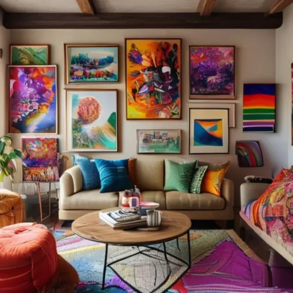 Interior de casa decorado com quadros e posters coloridos.