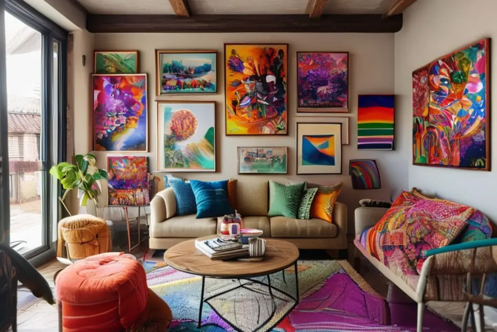 Interior de casa decorado com quadros e posters coloridos.
