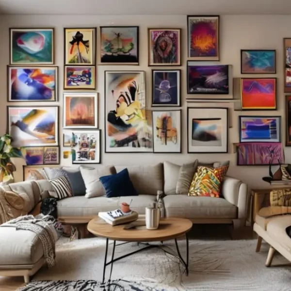 Sala de estar com decoração moderna e acolhedora.