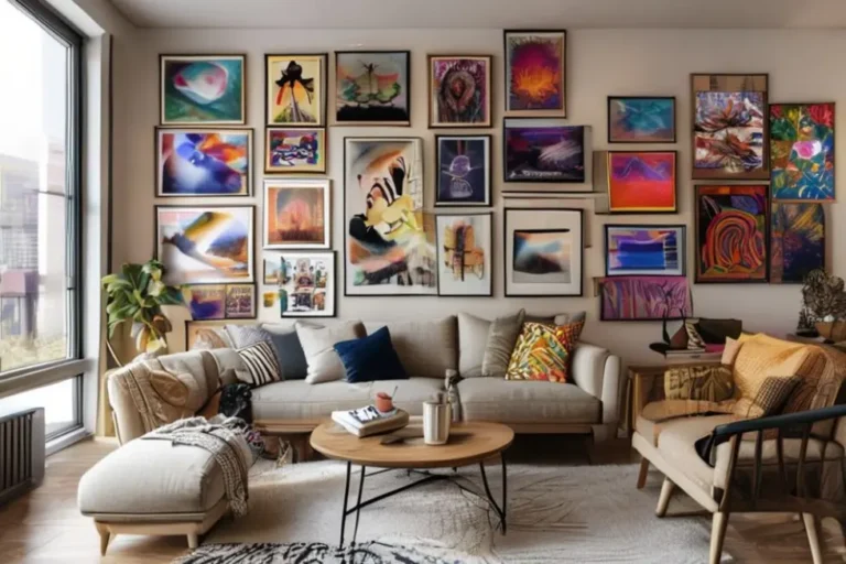 Sala de estar com decoração moderna e acolhedora.