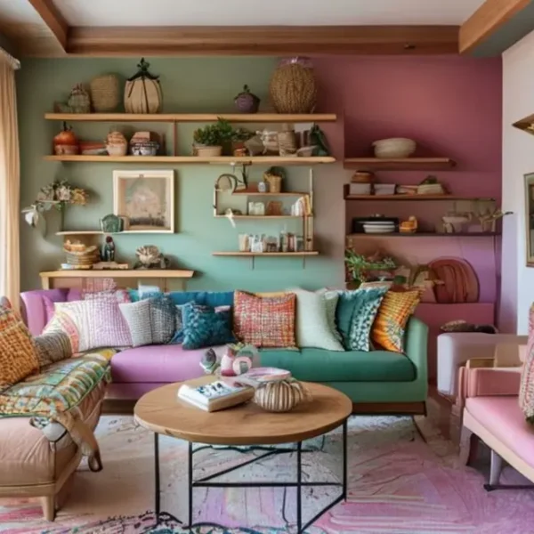 Interior de casa decorado de forma acolhedora e acessível.