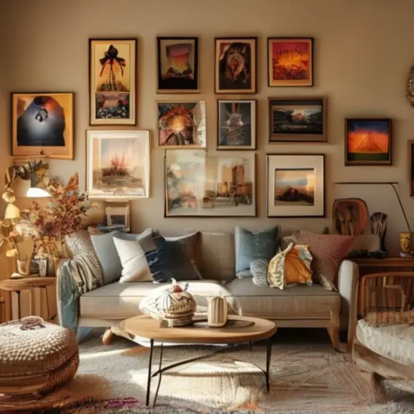 Interior de lar acolhedor com diversos quadros e posters decorativos.