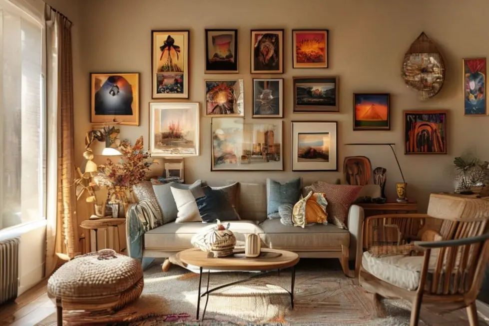 Interior de lar acolhedor com diversos quadros e posters decorativos.