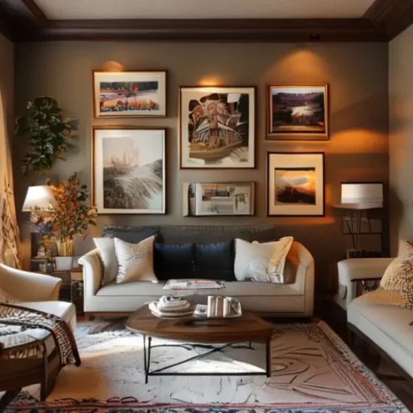 Ambiente bem decorado com quadros e posters.