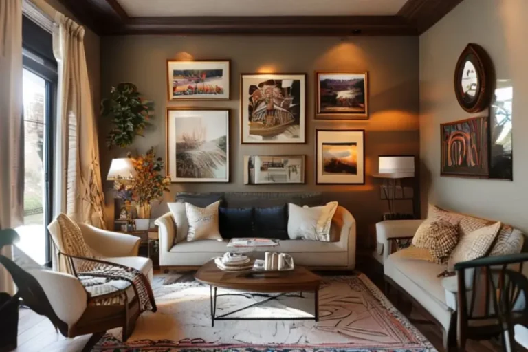 Ambiente bem decorado com quadros e posters.