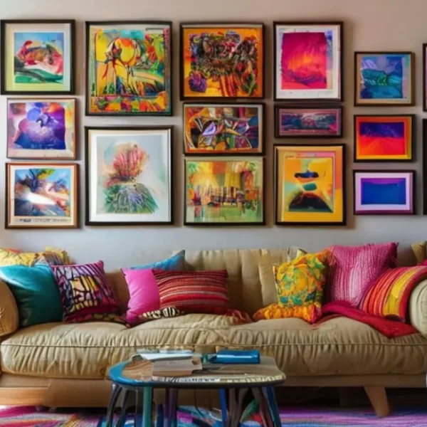 Sala de estar com quadros e pôsters decorativos.